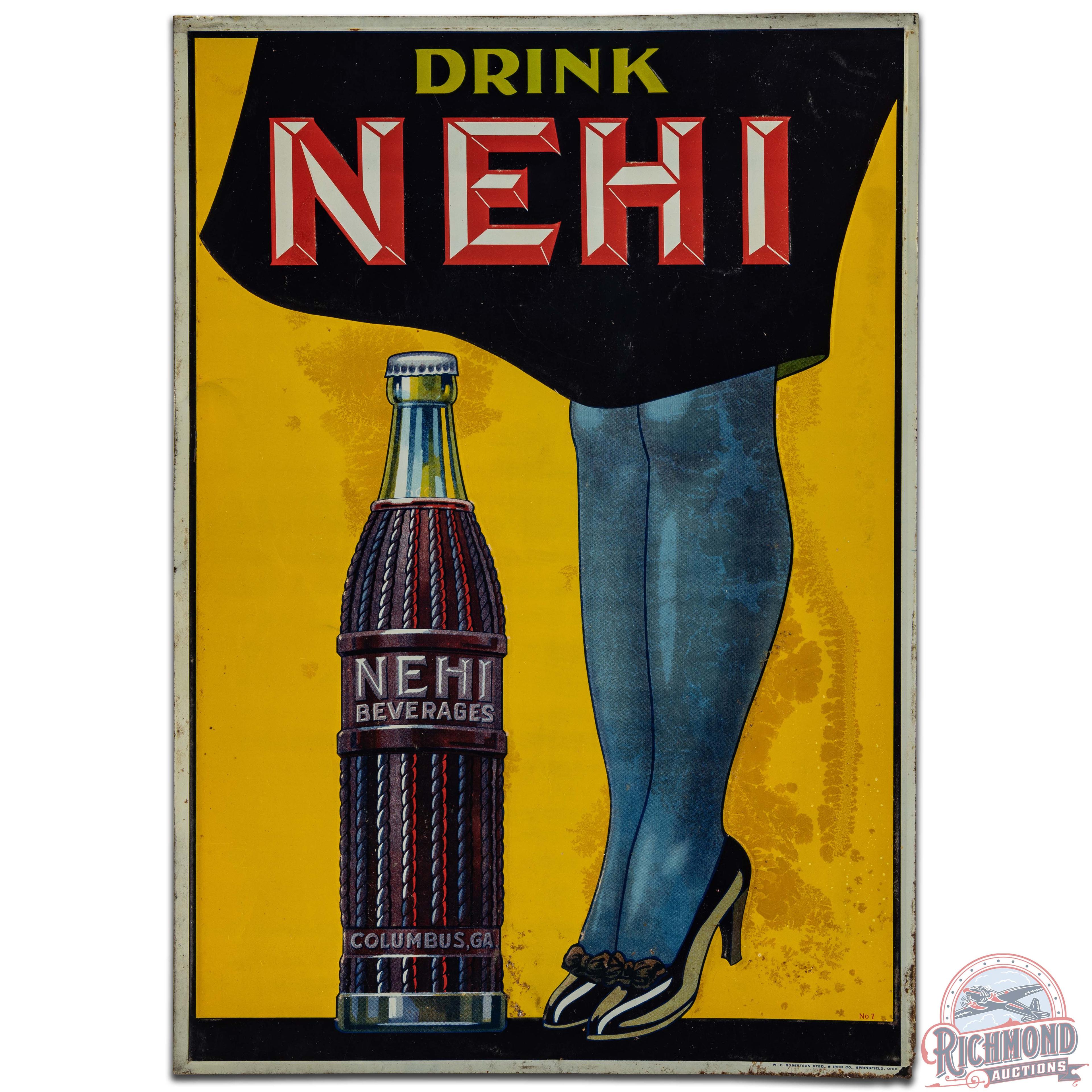 Drink Nehi Beverages Embossed SS Tin Sign w/ Bottle & Legs