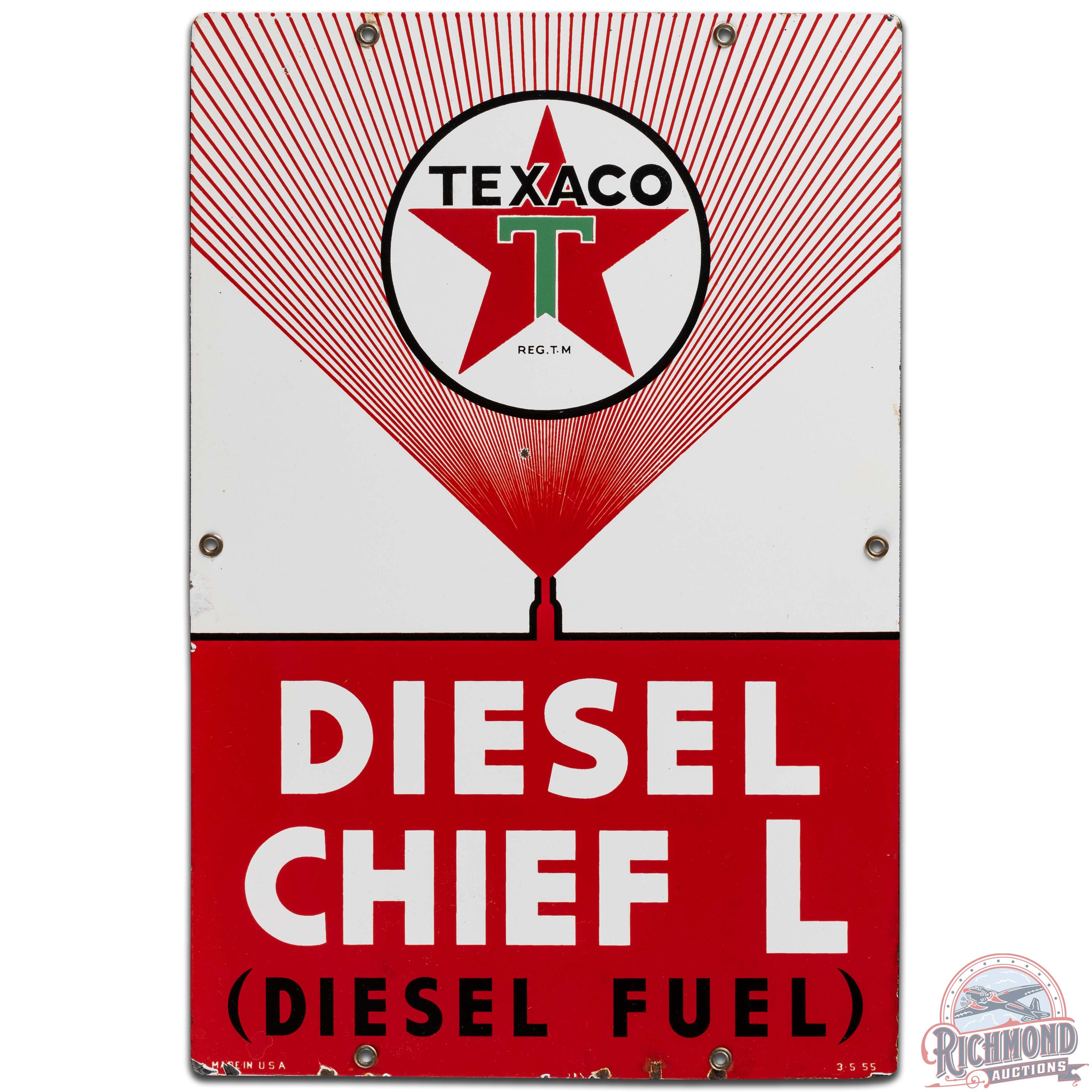 1955 Texaco Diesel Chief L SS Porcelain Gas Pump Plate Sign