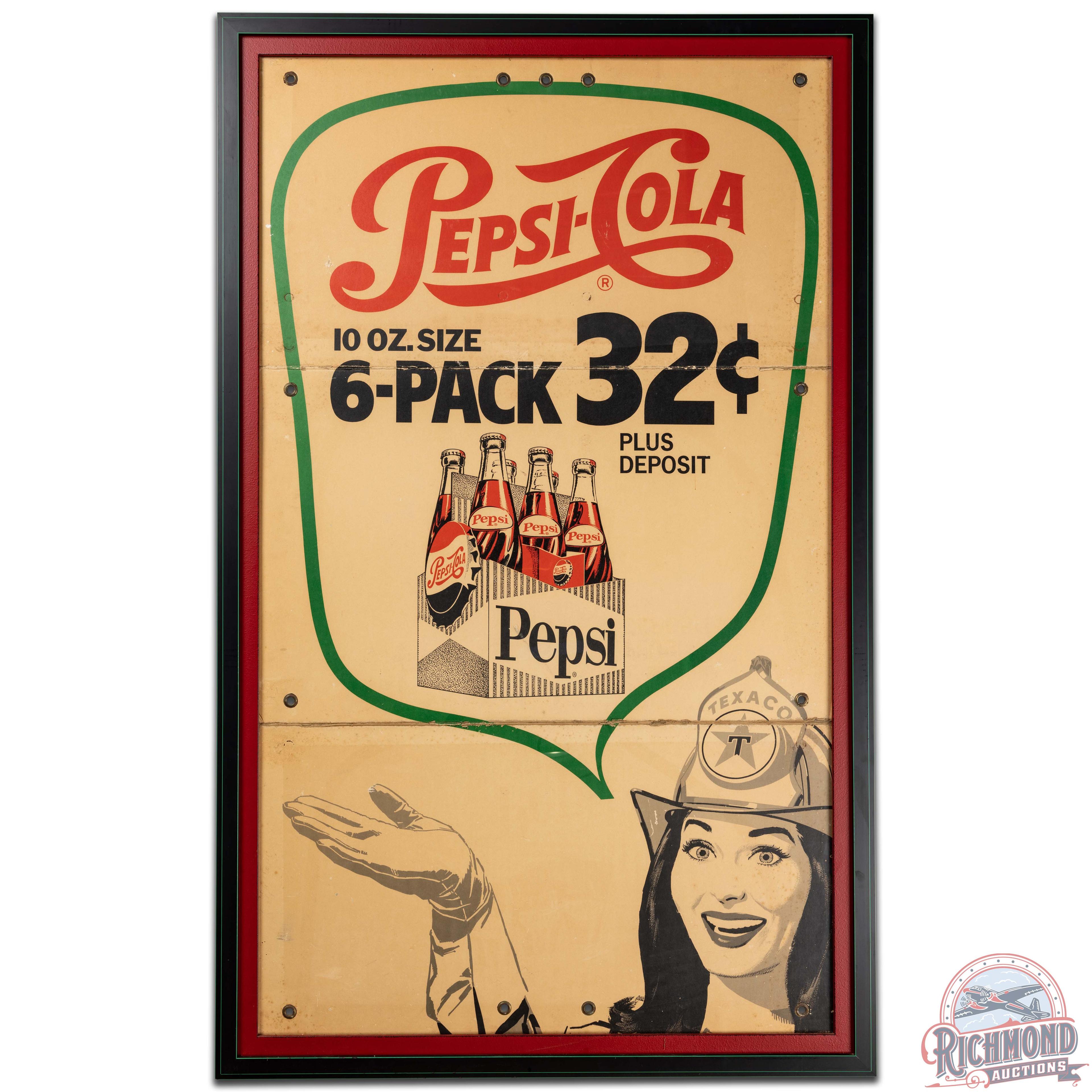 Rare Dual Brand Pepsi Cola w/ 6 Pack & Texaco Lady Fire Chief Framed Cardboard Sign