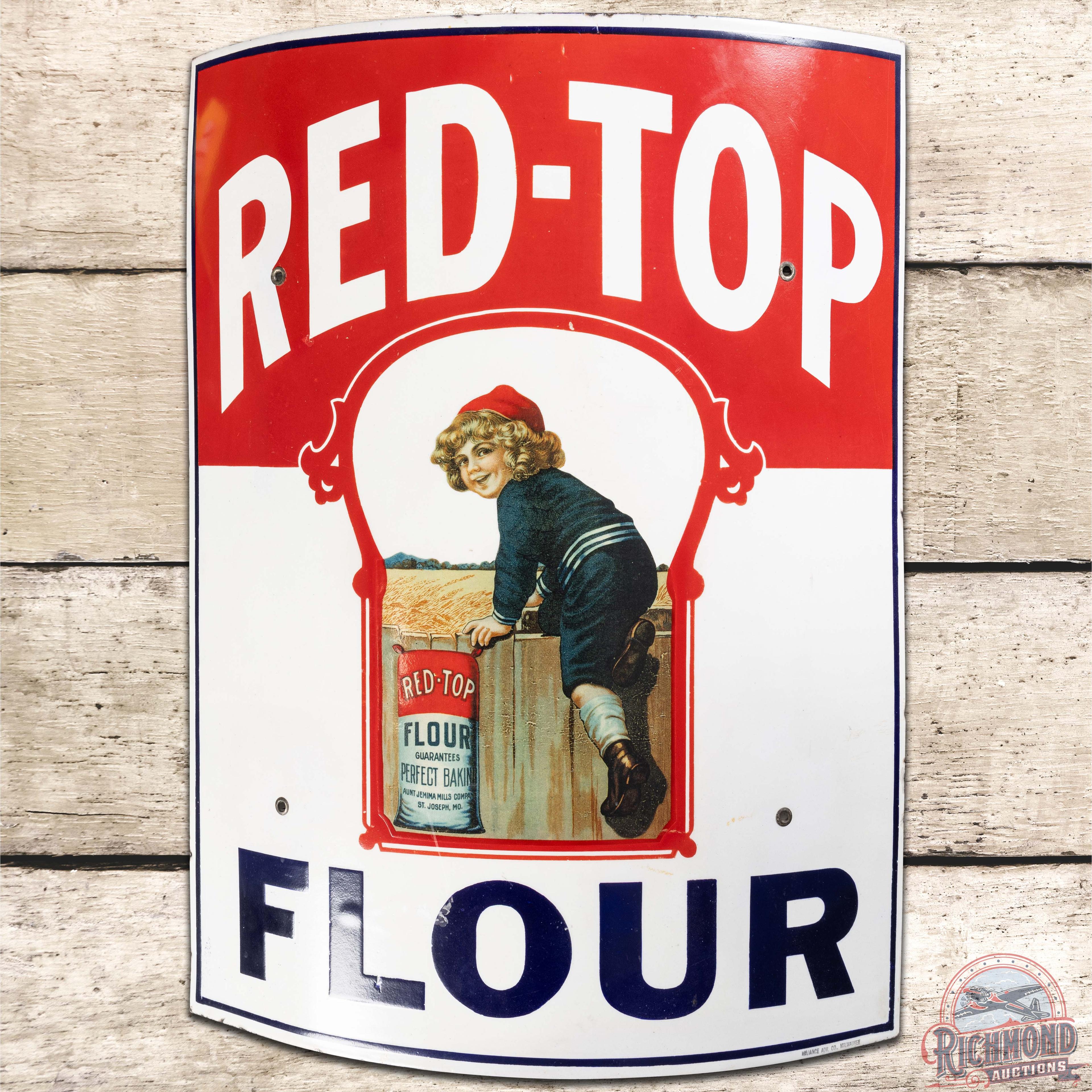 Red Top Flour Curved SS Porcelain Sign Aunt Jemima Mills Co.