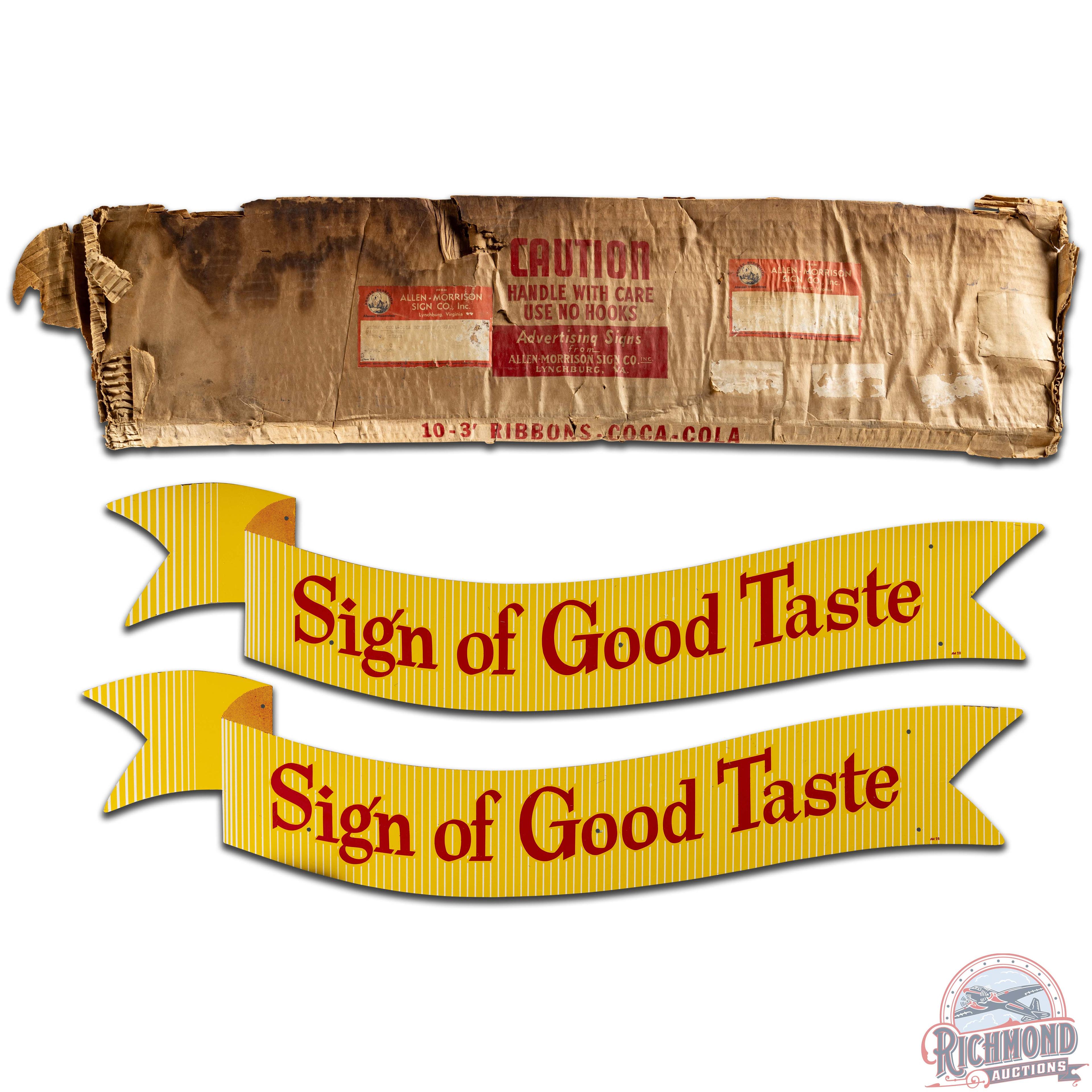 Pair NOS Coca Cola Sign of Good Taste Ribbons 2 SS Tin Signs w/ Box