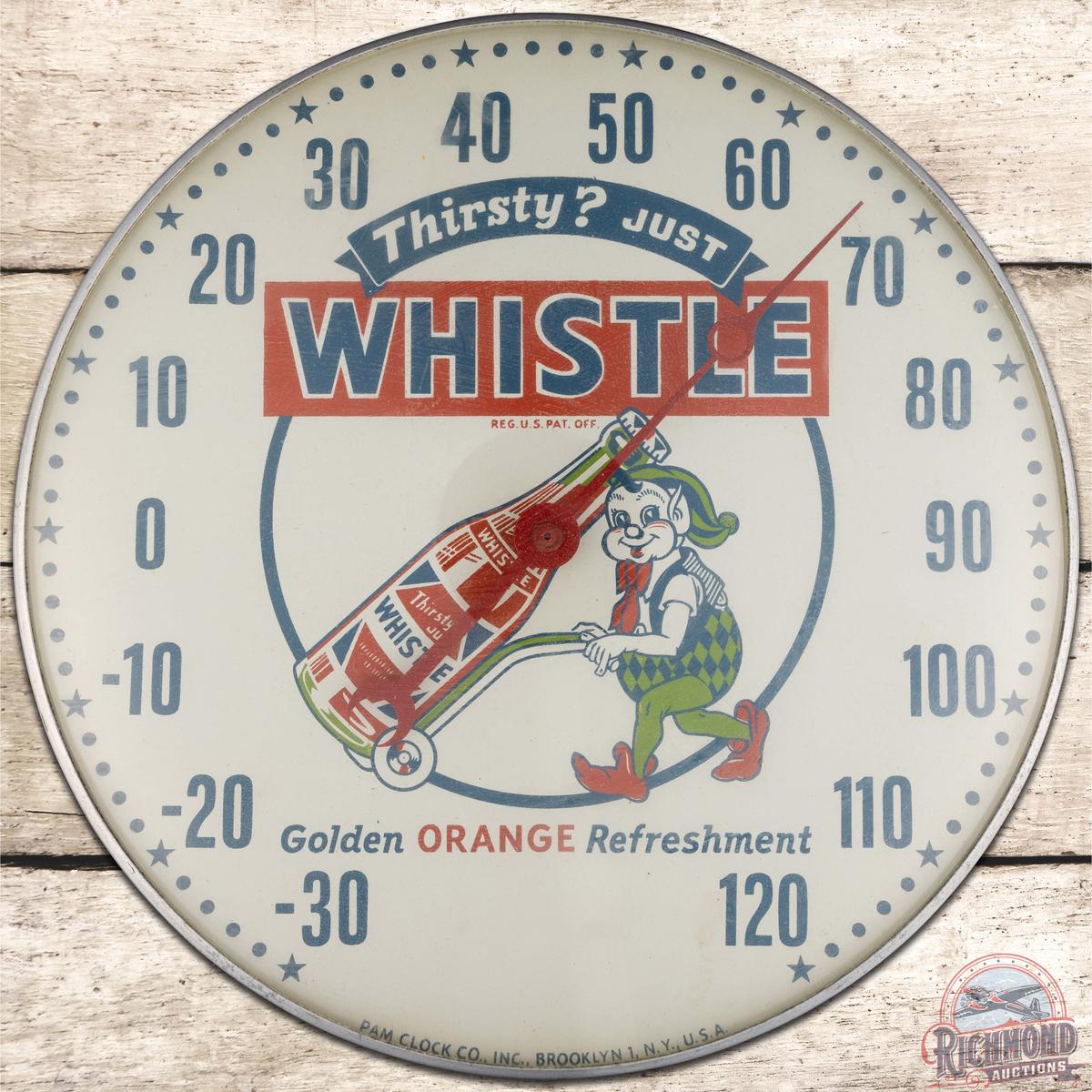 Thirsty? Just Whistle 12" PAM Advertising Thermometer w/ Elf & Bottle