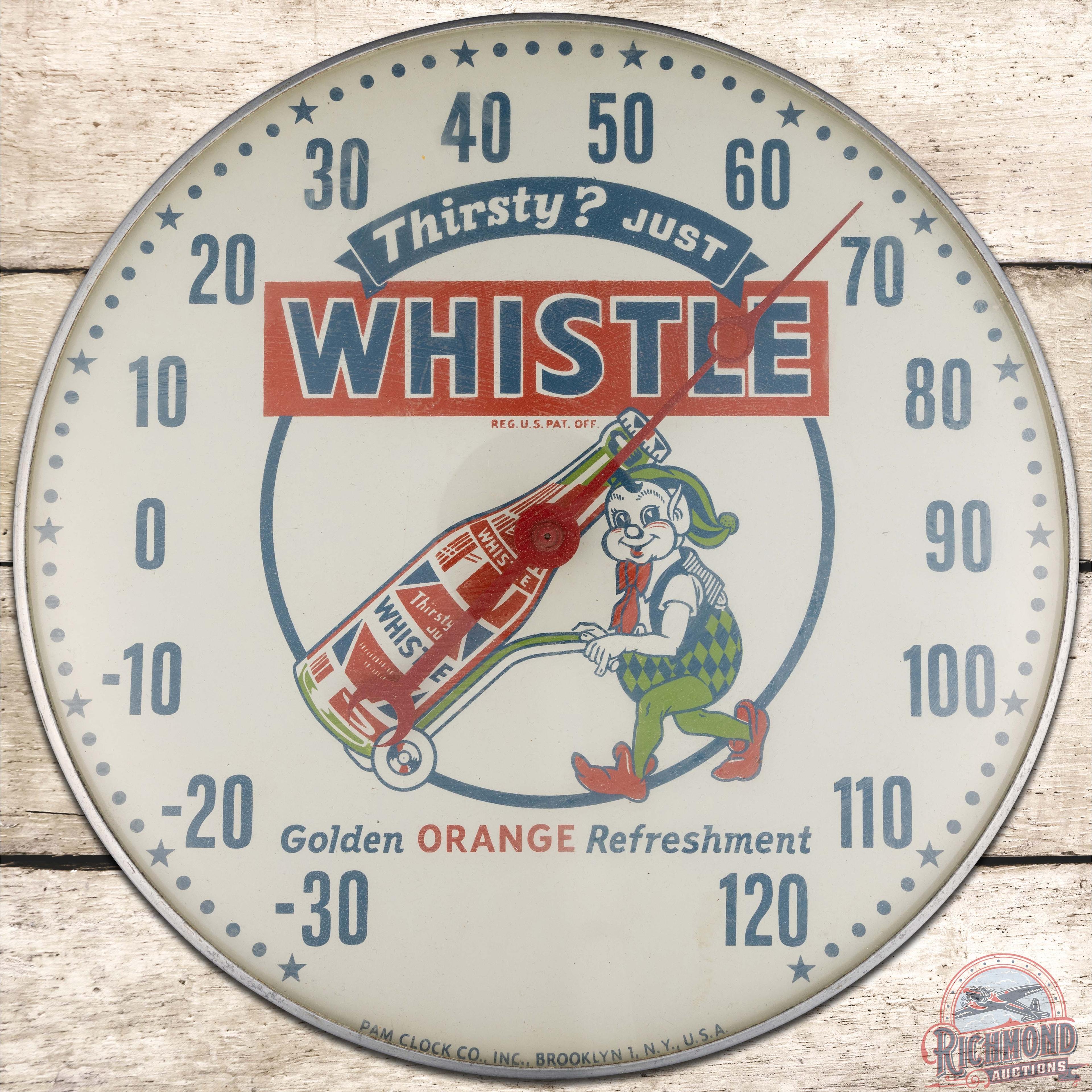 Thirsty? Just Whistle 12" PAM Advertising Thermometer w/ Elf & Bottle