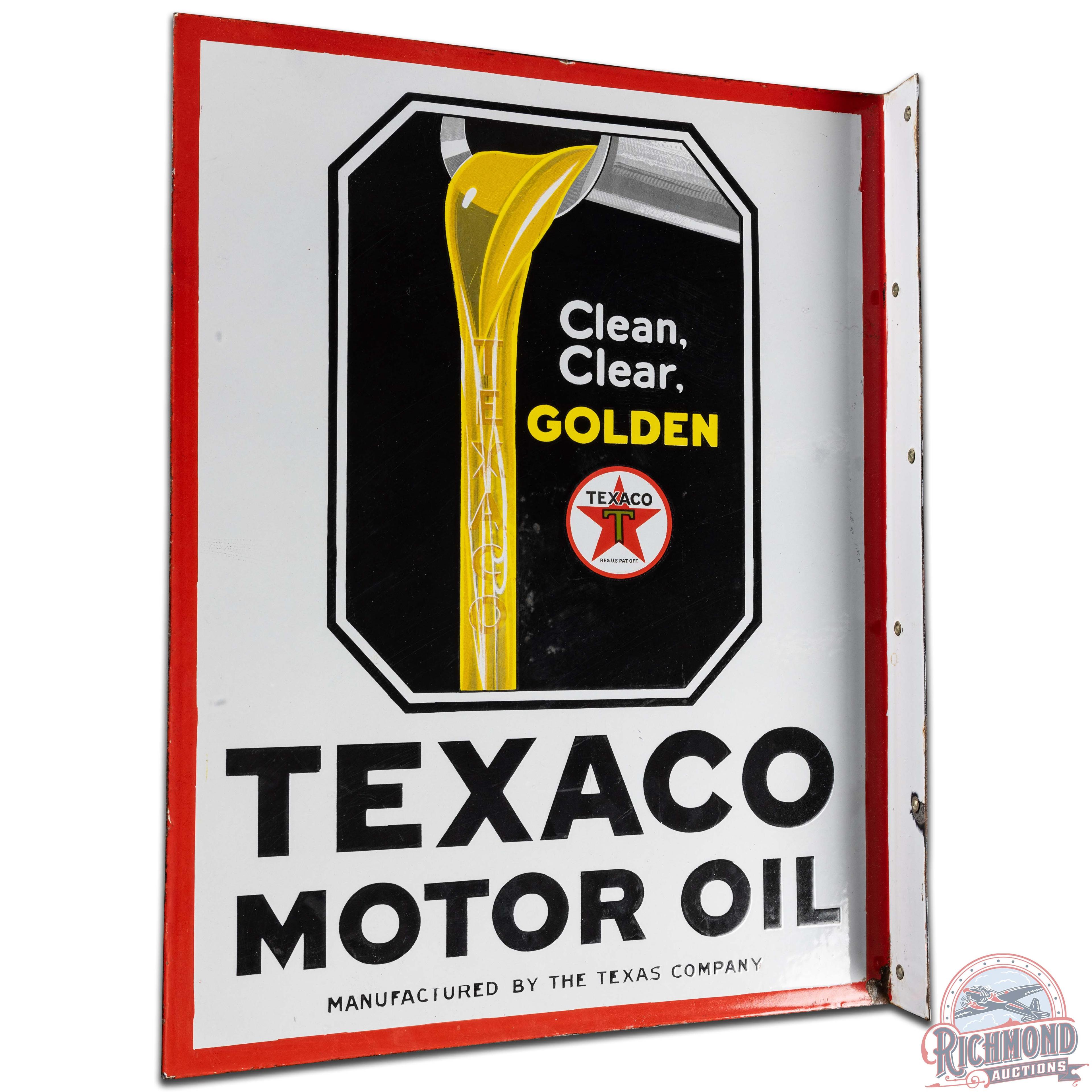 Texaco Motor Oil Clean Clear Golden DS Porcelain Flange Sign