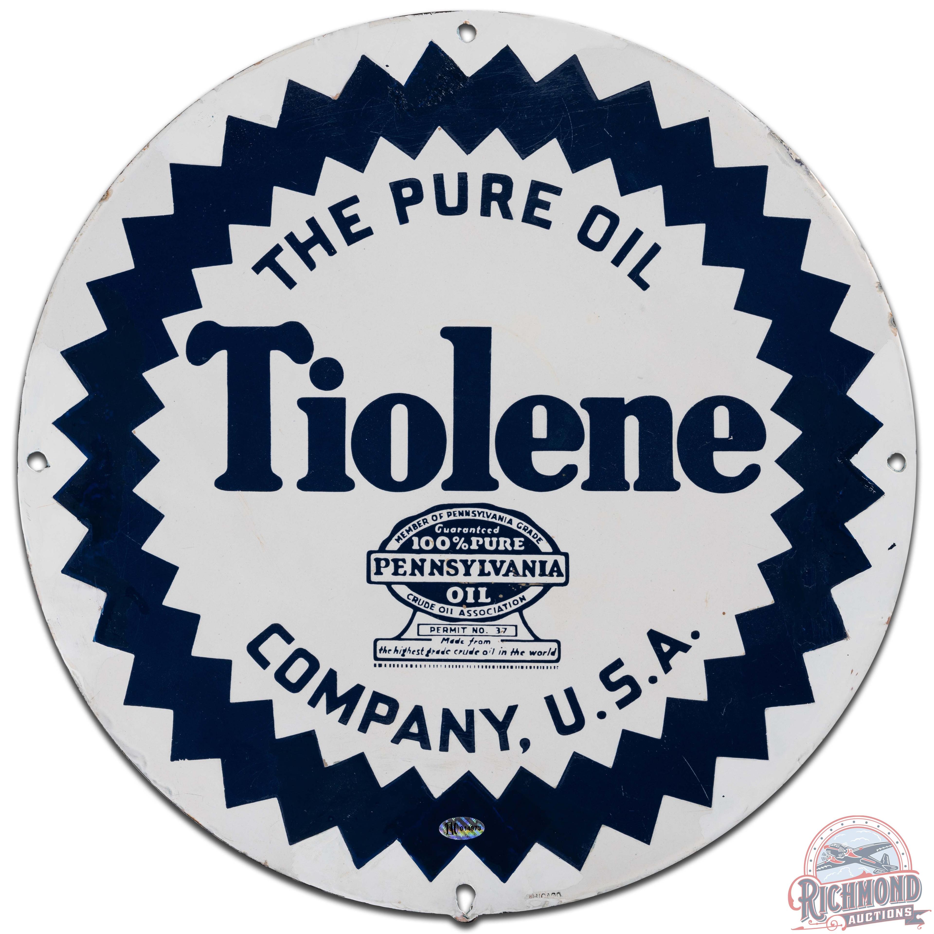 Tiolene The Pure Oil Company 15" SS Porcelain Sign w/ Pennsylvania Logo