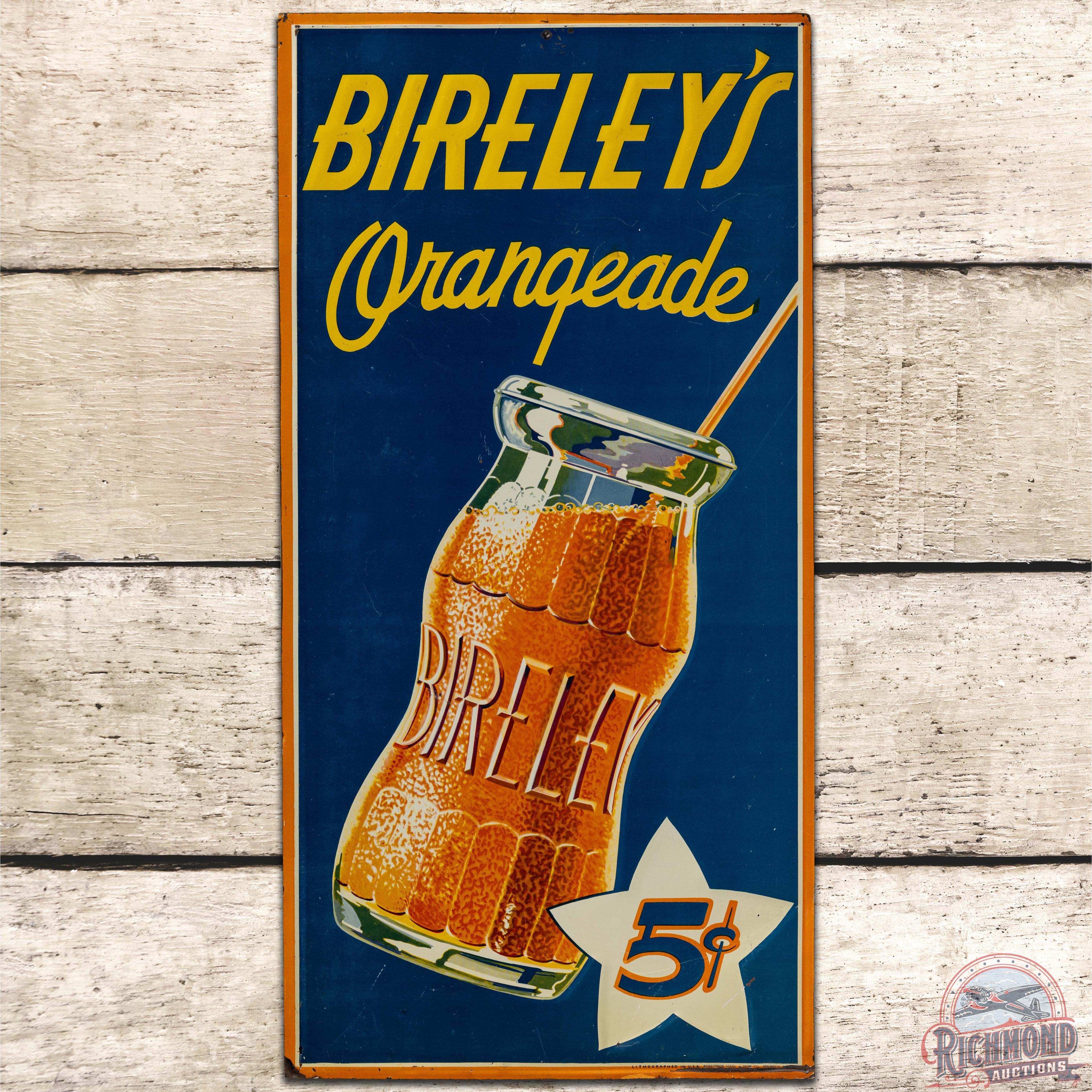 Bireley's Orangeade 5 Cents Embossed SS Tin Sign w/ Bottle