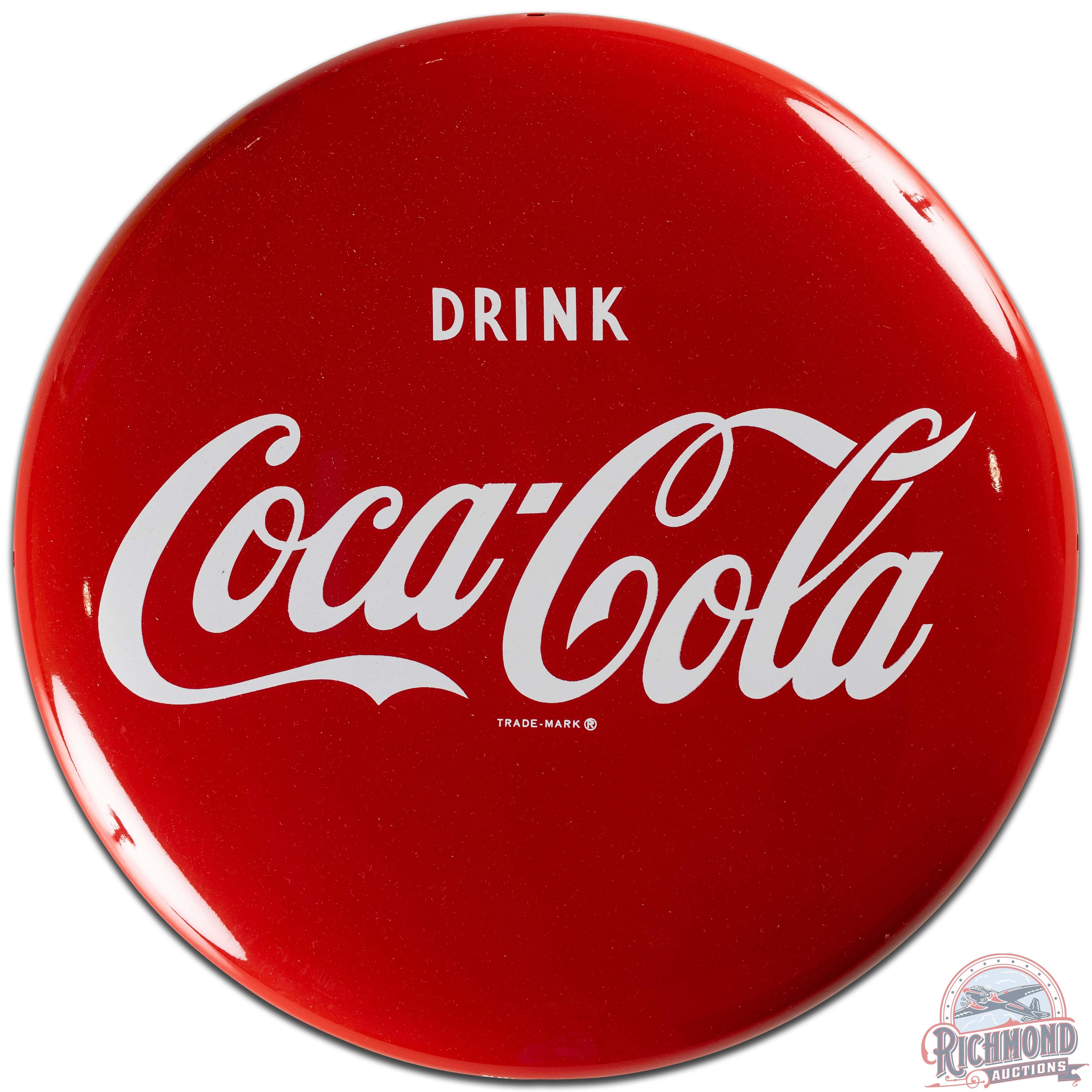 NOS 1953 Drink Coca Cola 16" SS Tin Button Sign