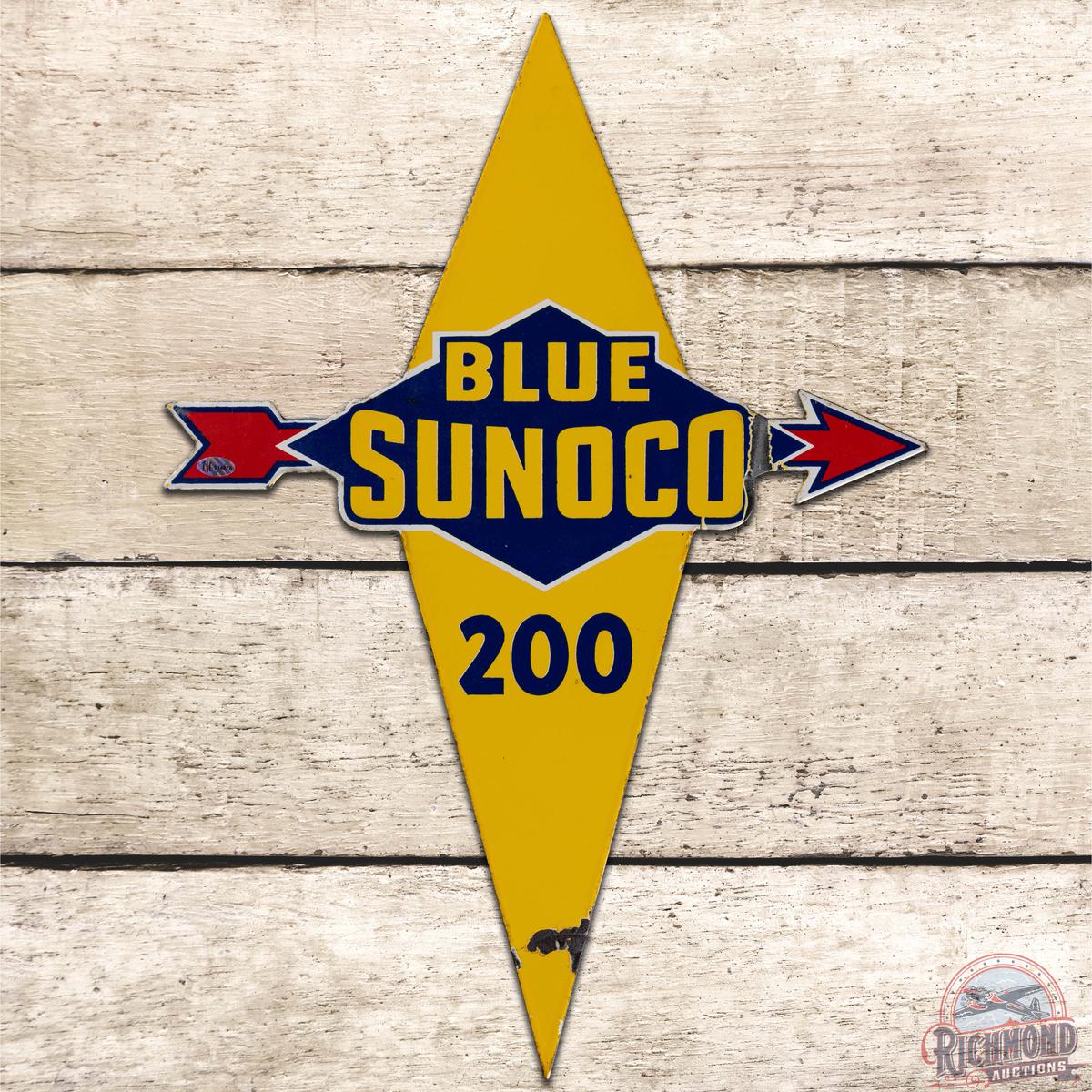 Blue Sunoco 200 Die Cut SS Porcelain Gas Pump Plate Sign