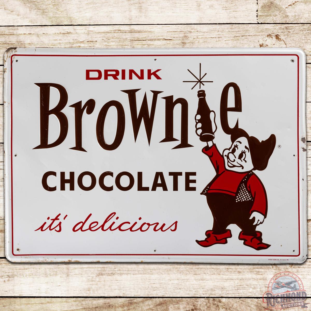 Drink Brownie Chocolate "It's Delicious" Emb. SS Tin Sign w/ Elf & Bottle