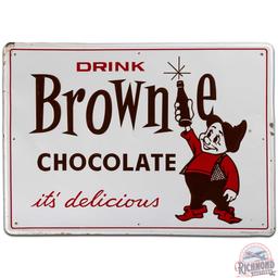 Drink Brownie Chocolate "It's Delicious" Emb. SS Tin Sign w/ Elf & Bottle