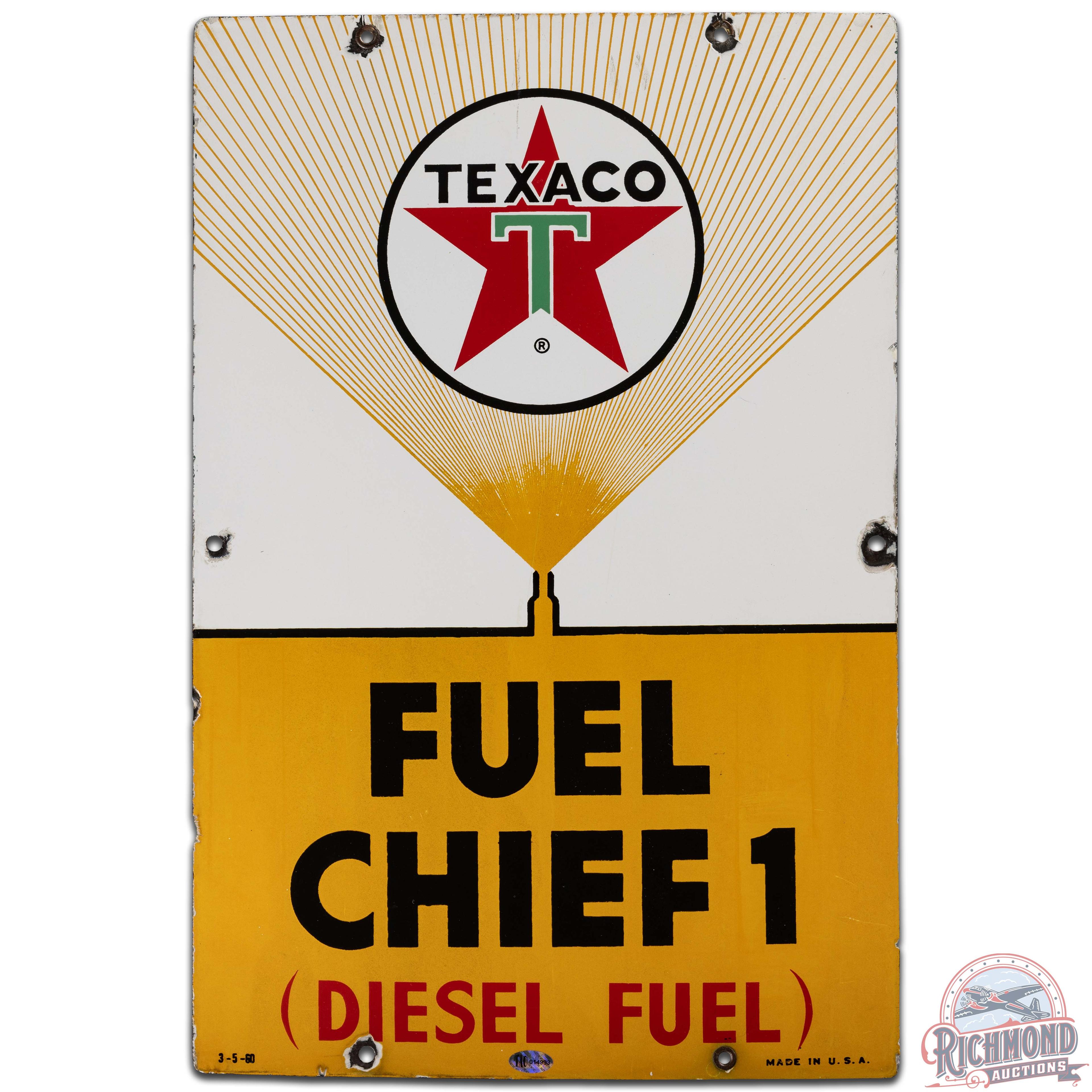 1960 Texaco Fuel Chief 1 SS Porcelain Gas Pump Plate Sign