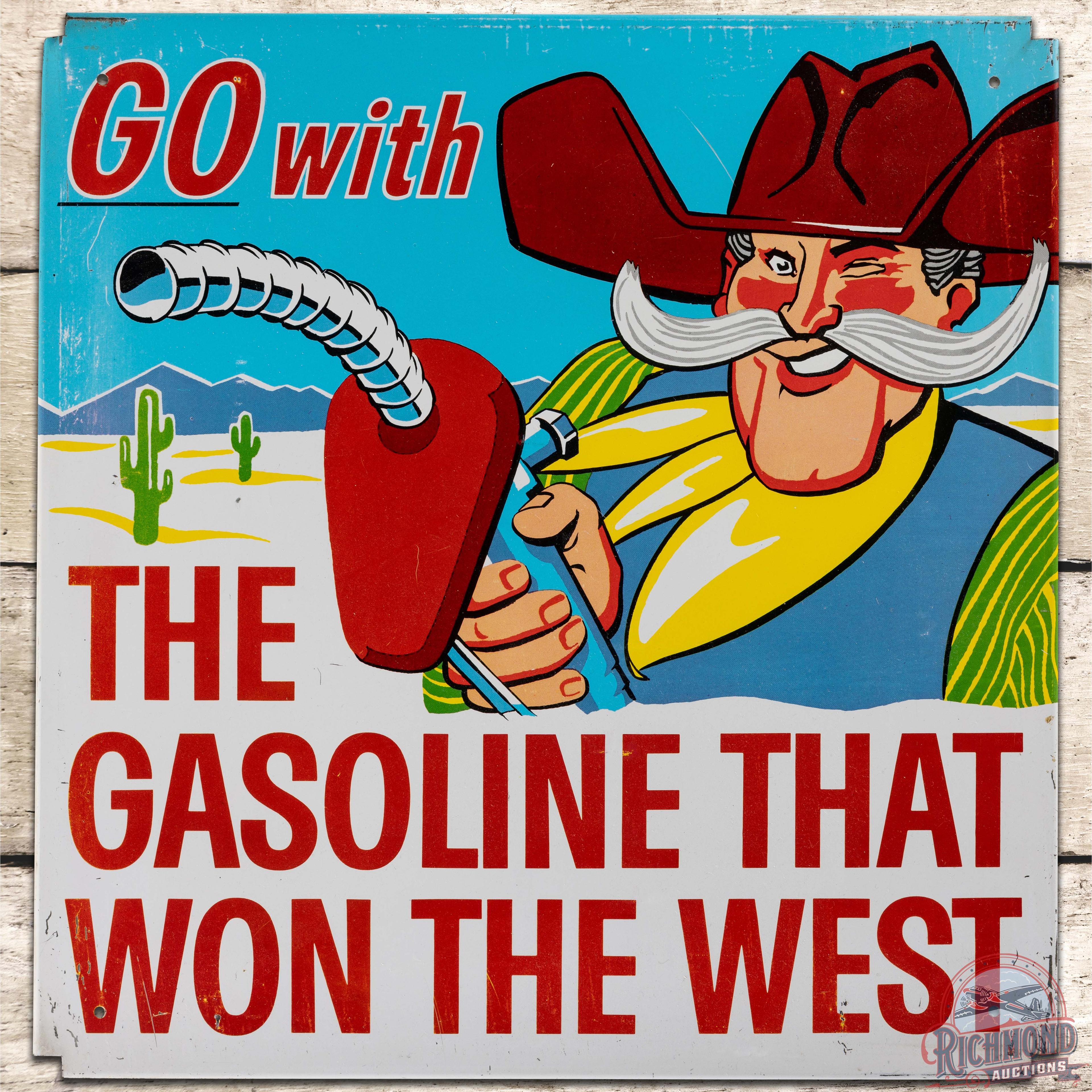 Phillips 66 Gasoline That Won The West SS Tin Sign w/ Cowboy