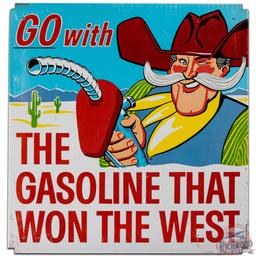 Phillips 66 Gasoline That Won The West SS Tin Sign w/ Cowboy