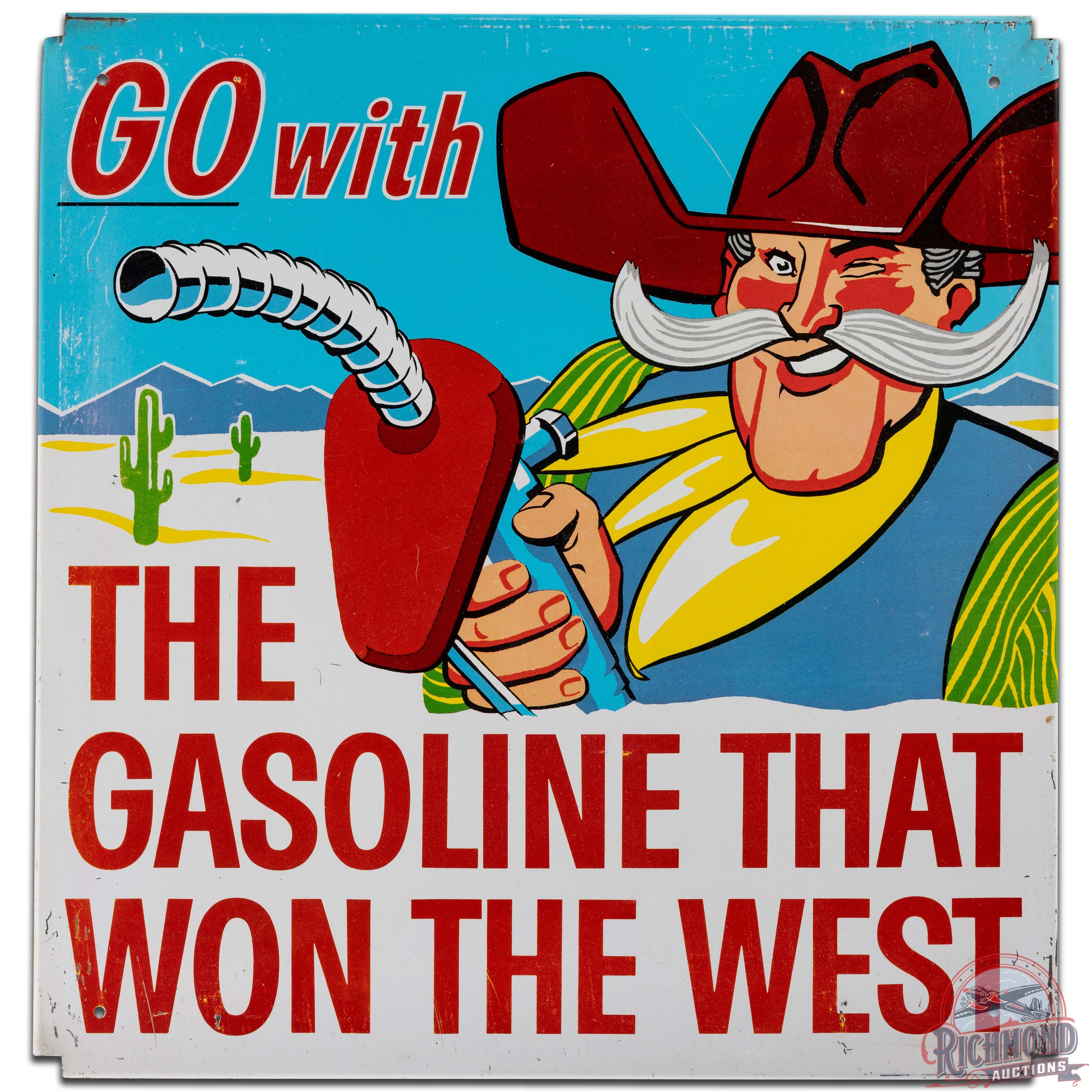 Phillips 66 Gasoline That Won The West SS Tin Sign w/ Cowboy