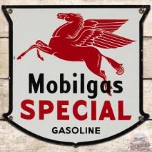 Mobilgas Special Gasoline SS Porcelain Pump Plate Sign w/ Pegasus