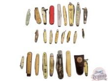 Lot Miniature Folder Pen Knives Some Vintage Advertising in Display Case