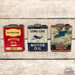 Group of Three 2 Gallon Motor Oil Aviation Themed Cans Long Life Zeppelin