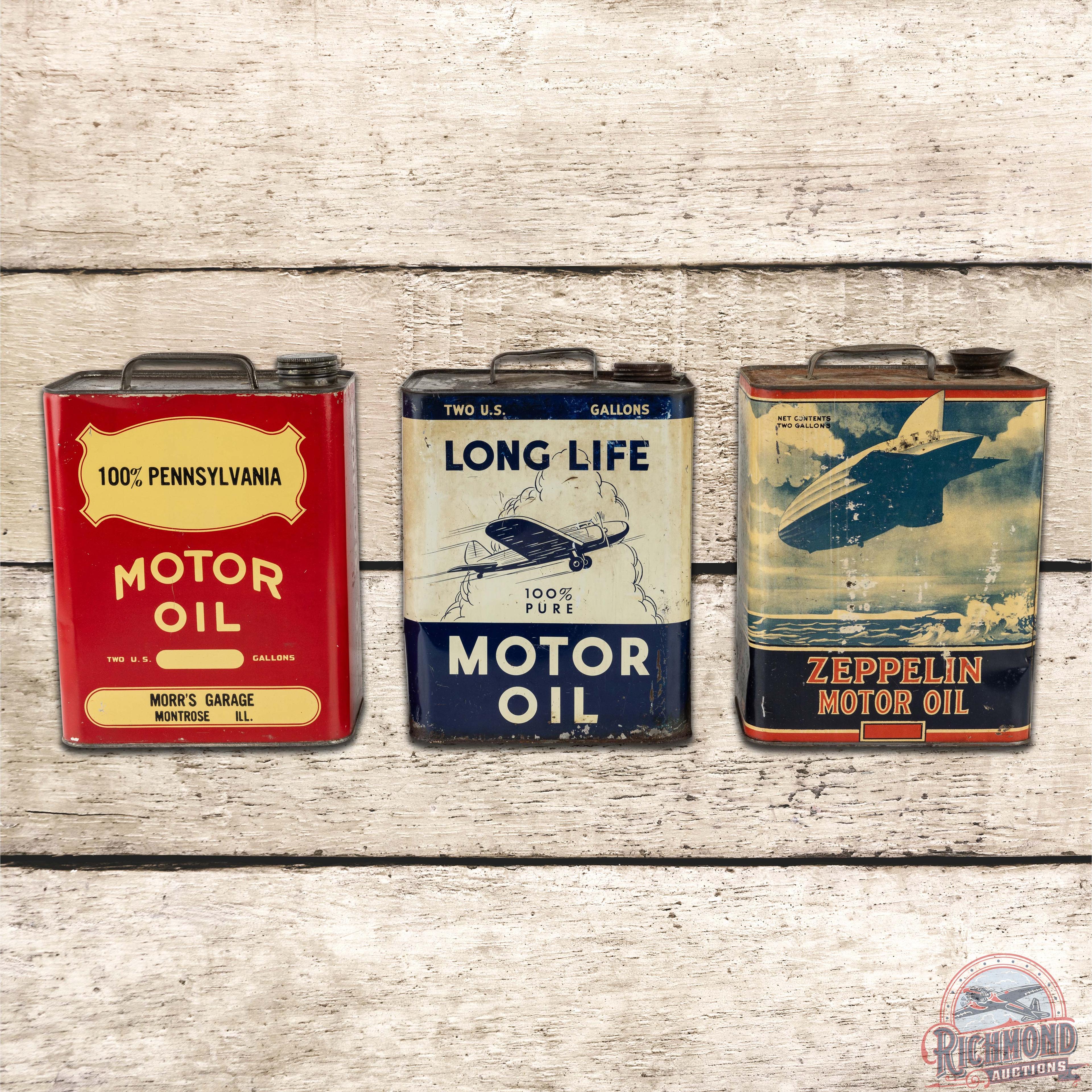 Group of Three 2 Gallon Motor Oil Aviation Themed Cans Long Life Zeppelin