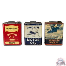 Group of Three 2 Gallon Motor Oil Aviation Themed Cans Long Life Zeppelin