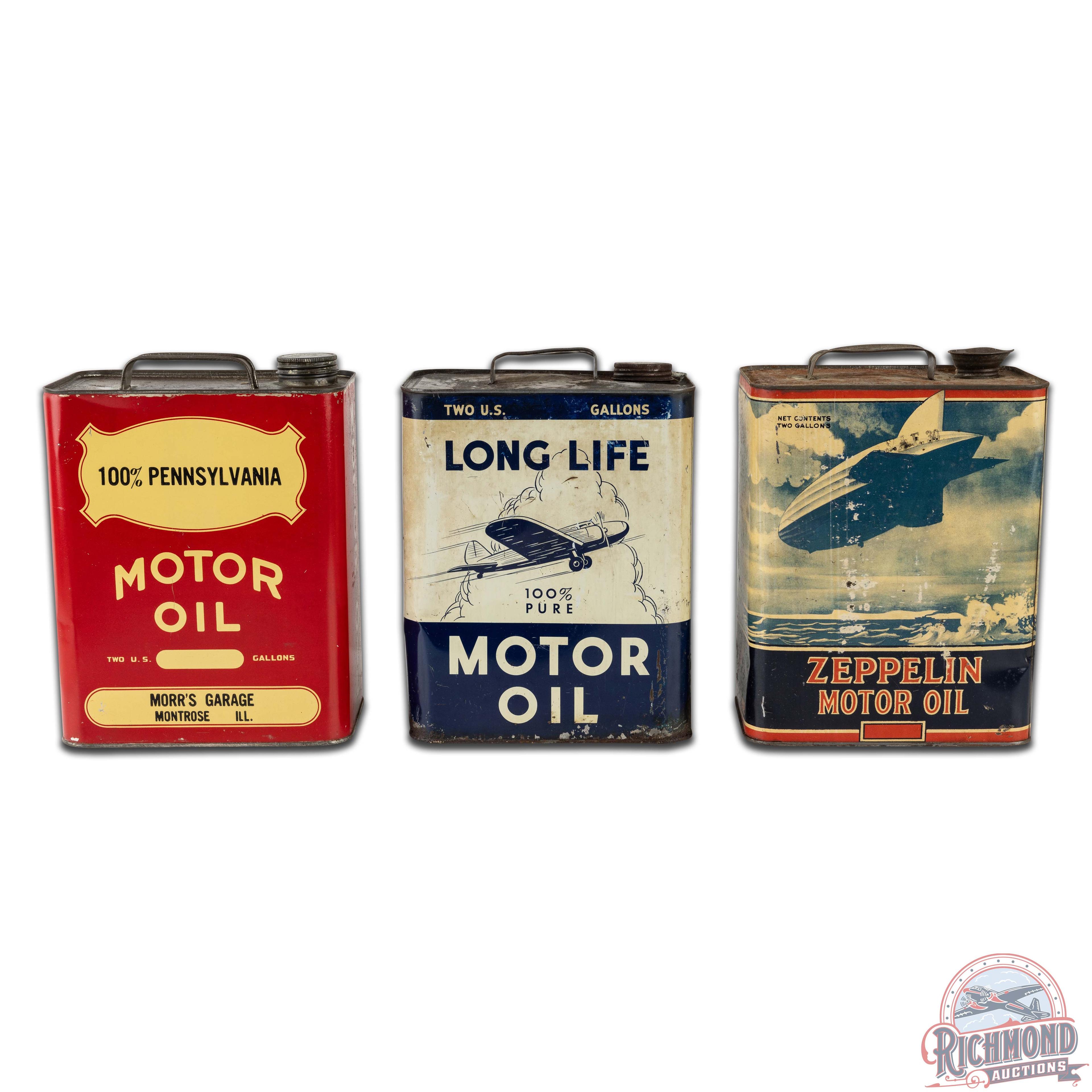 Group of Three 2 Gallon Motor Oil Aviation Themed Cans Long Life Zeppelin