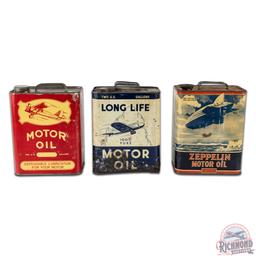 Group of Three 2 Gallon Motor Oil Aviation Themed Cans Long Life Zeppelin