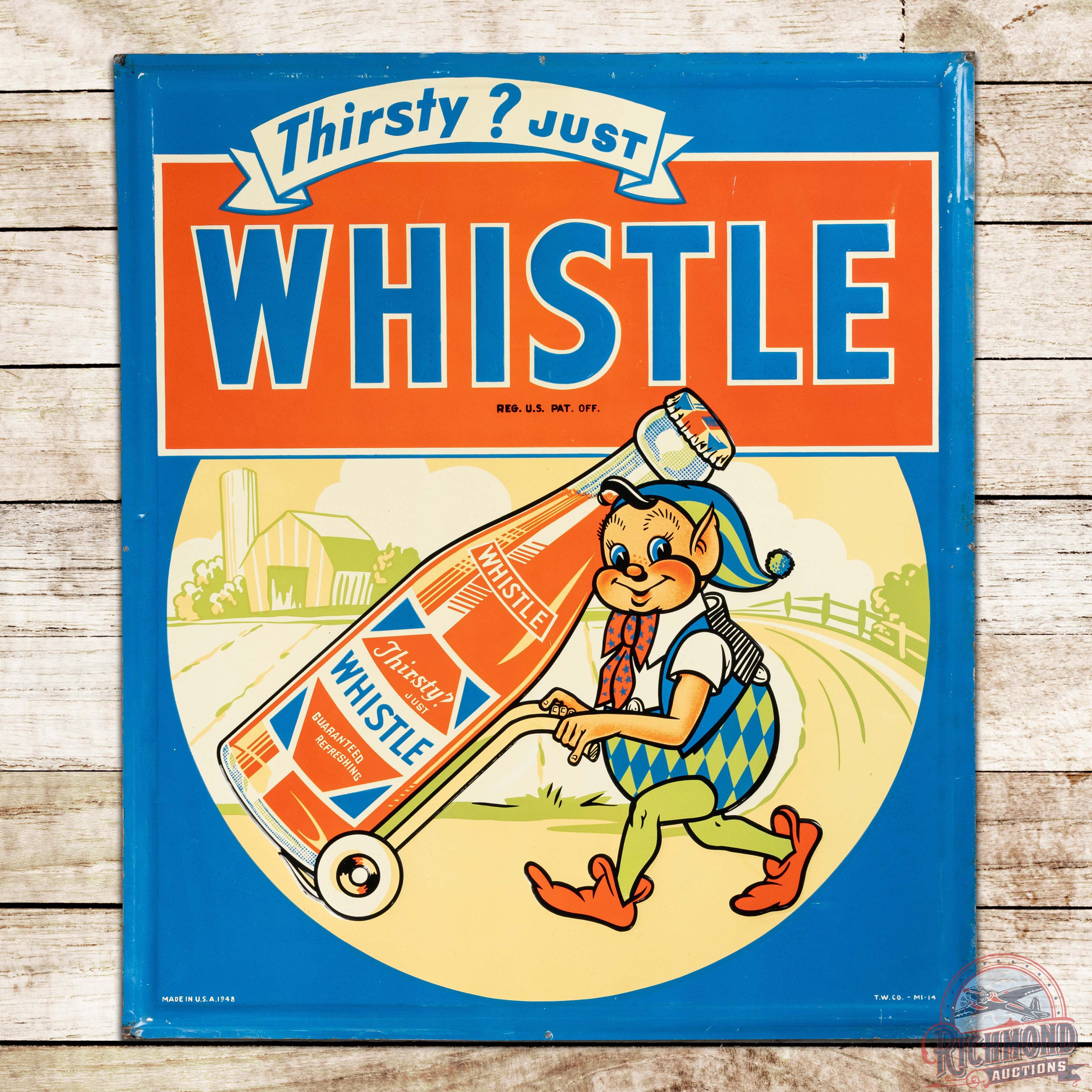 Thirsty? Just Whistle Emb. Single Sided Tin Sign w/ Elf & Bottle