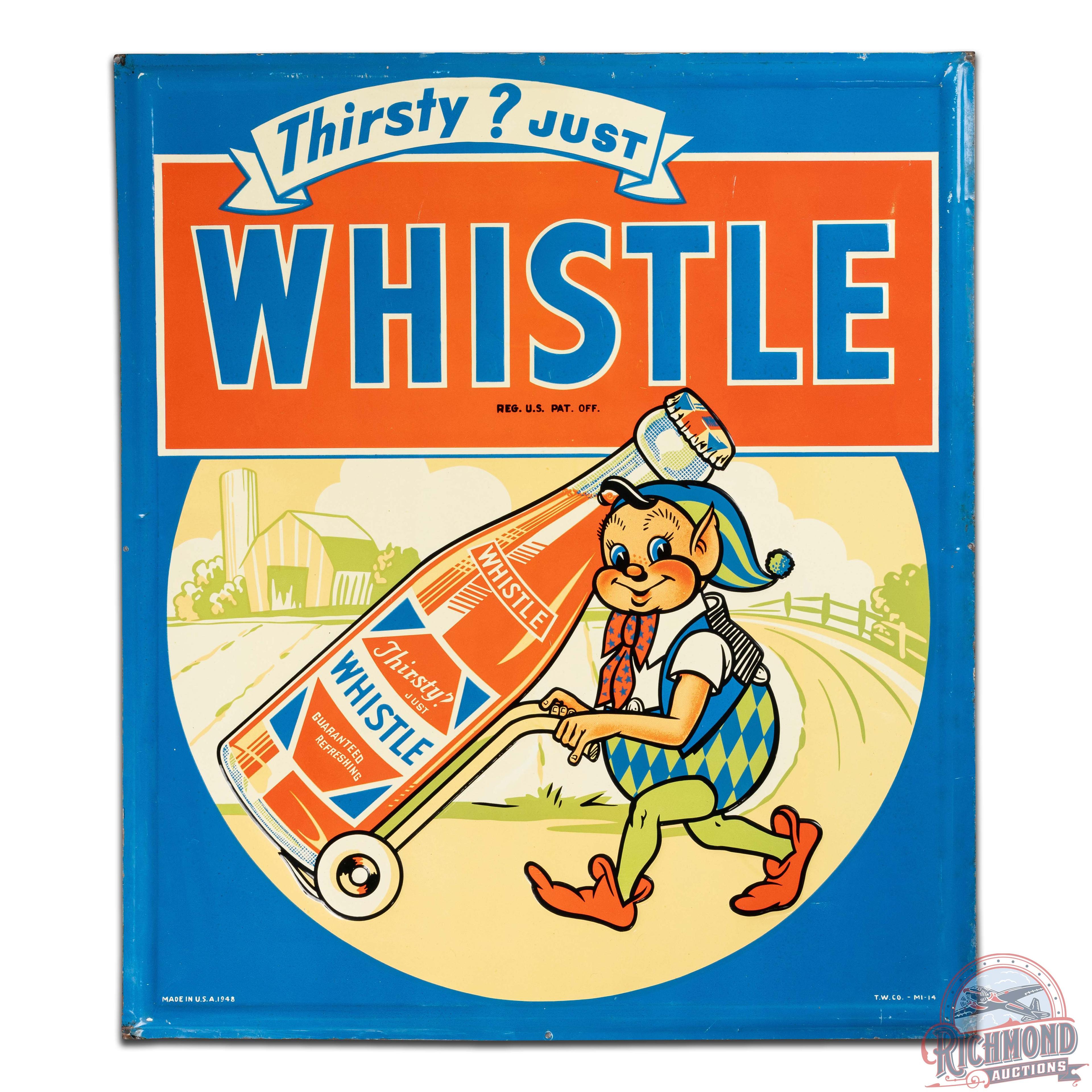 Thirsty? Just Whistle Emb. Single Sided Tin Sign w/ Elf & Bottle