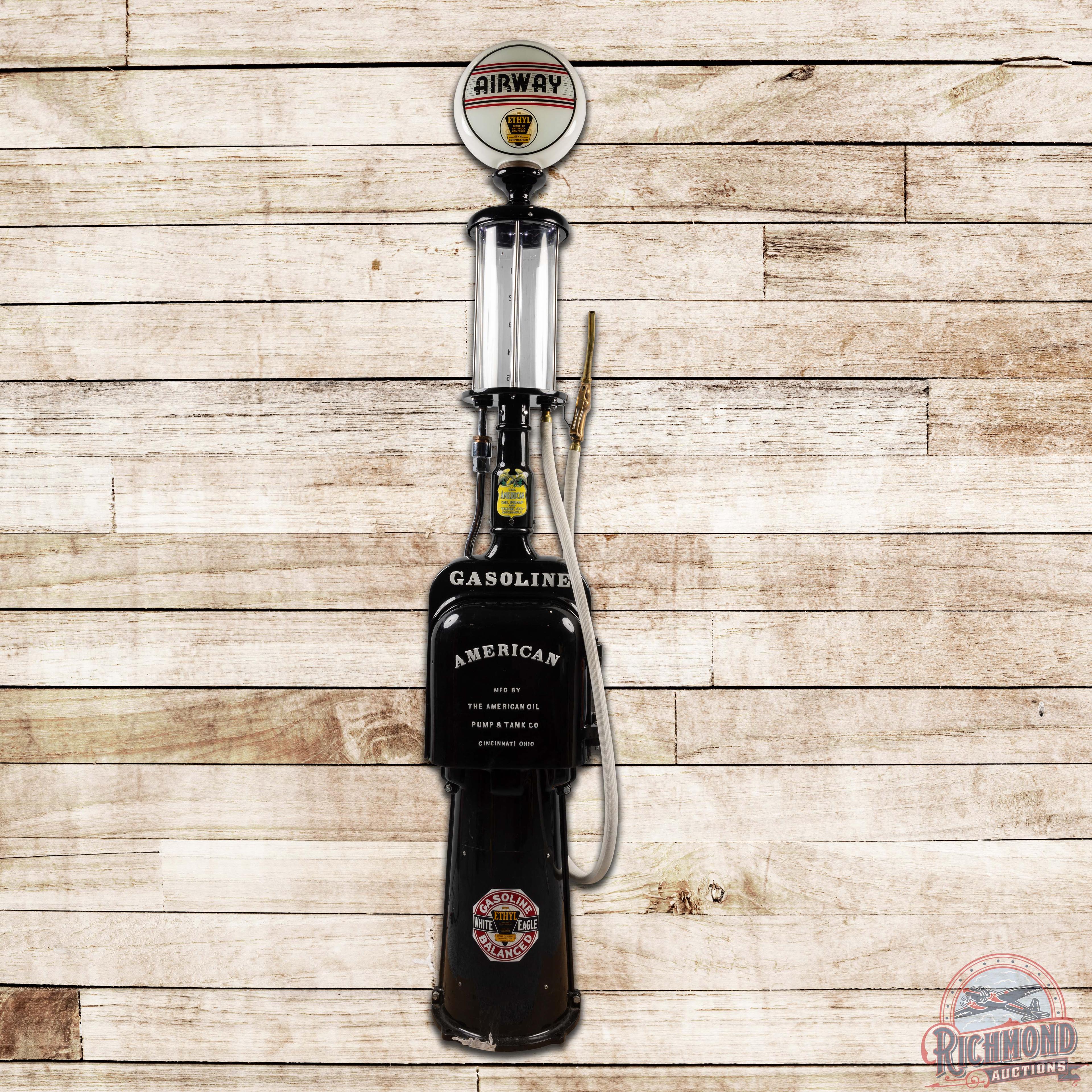 American Five Gallon Visible Gas Pump Restored Airway Ethyl Gasoline
