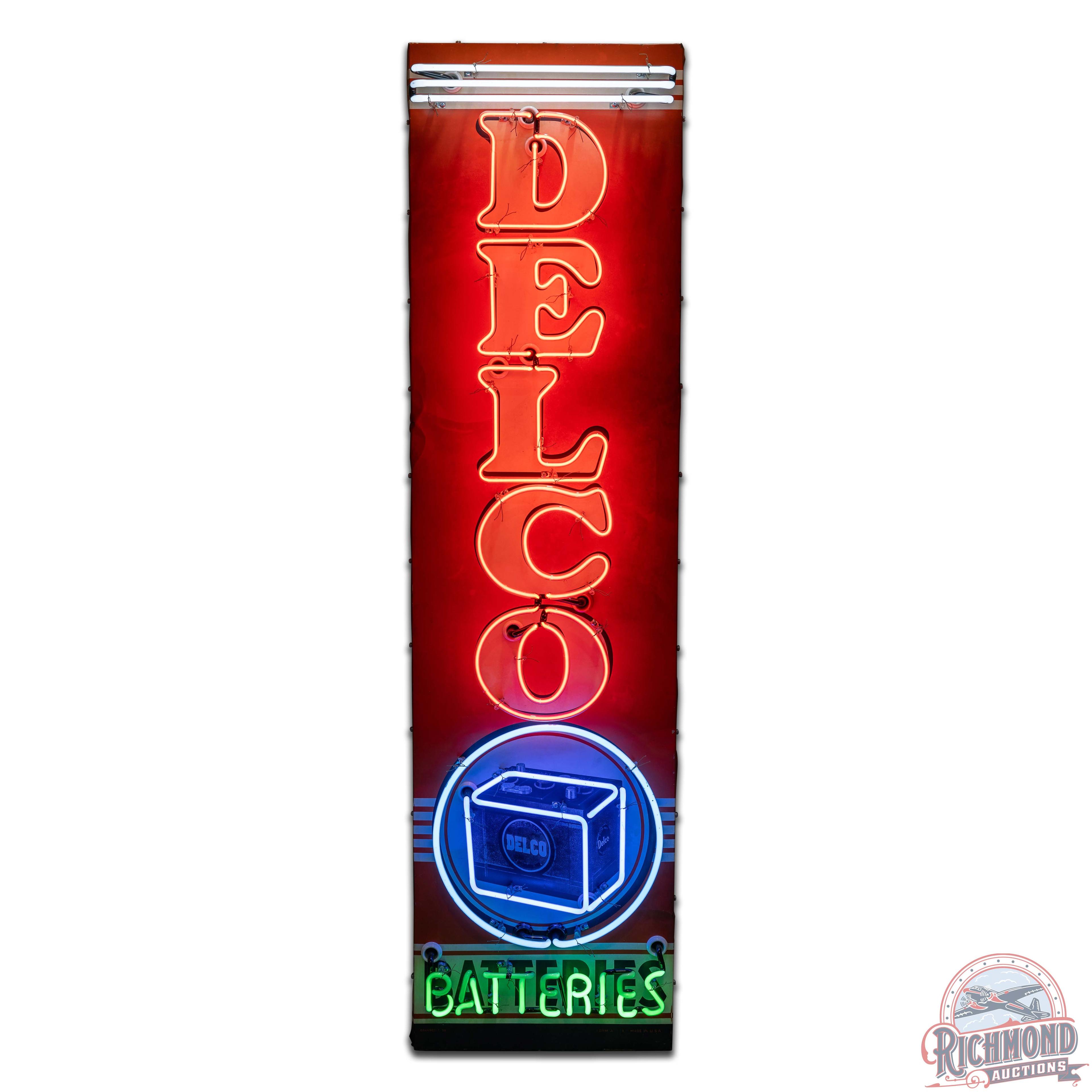 1950 Delco Batteries Vertical Single Sided Tin Neon Sign