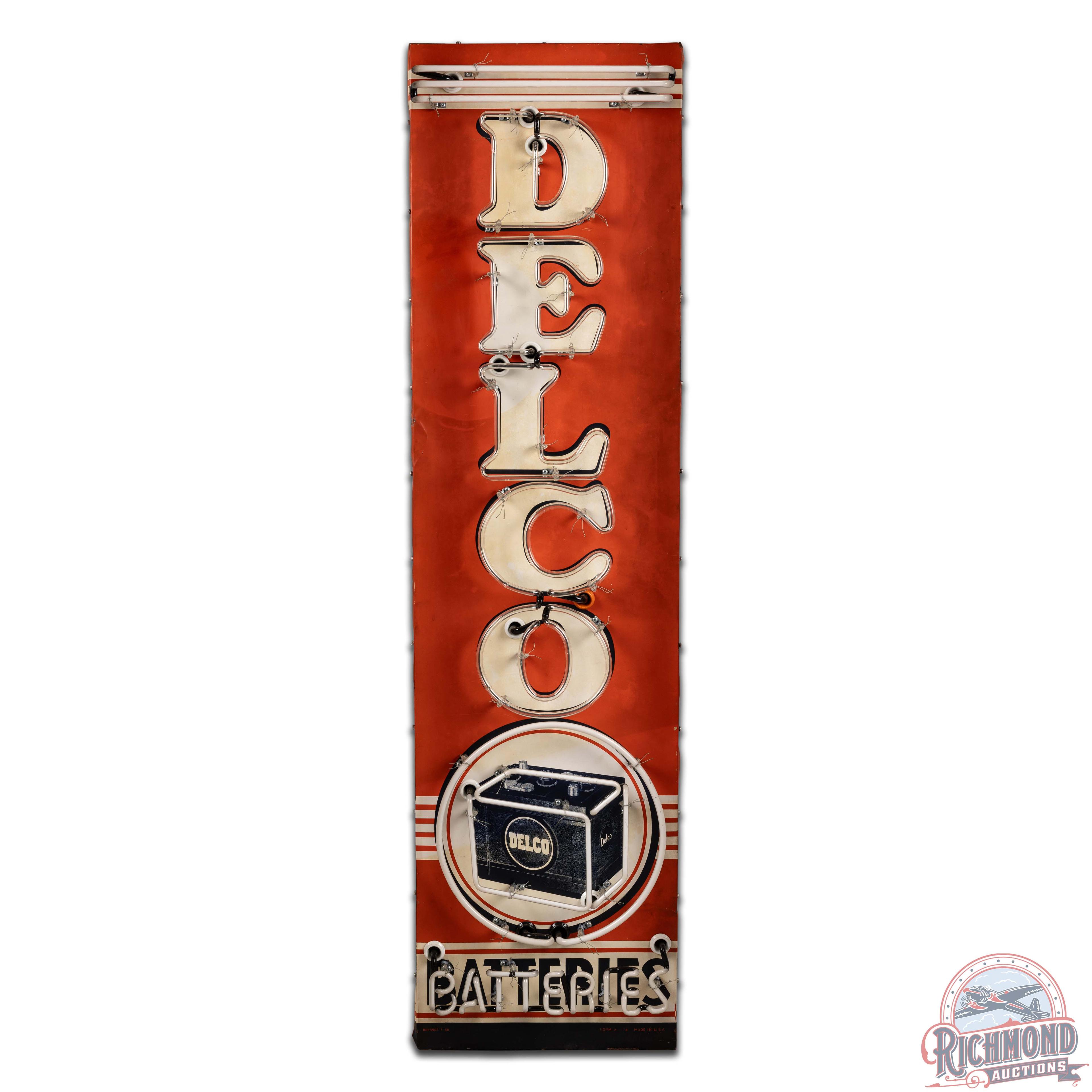 1950 Delco Batteries Vertical Single Sided Tin Neon Sign