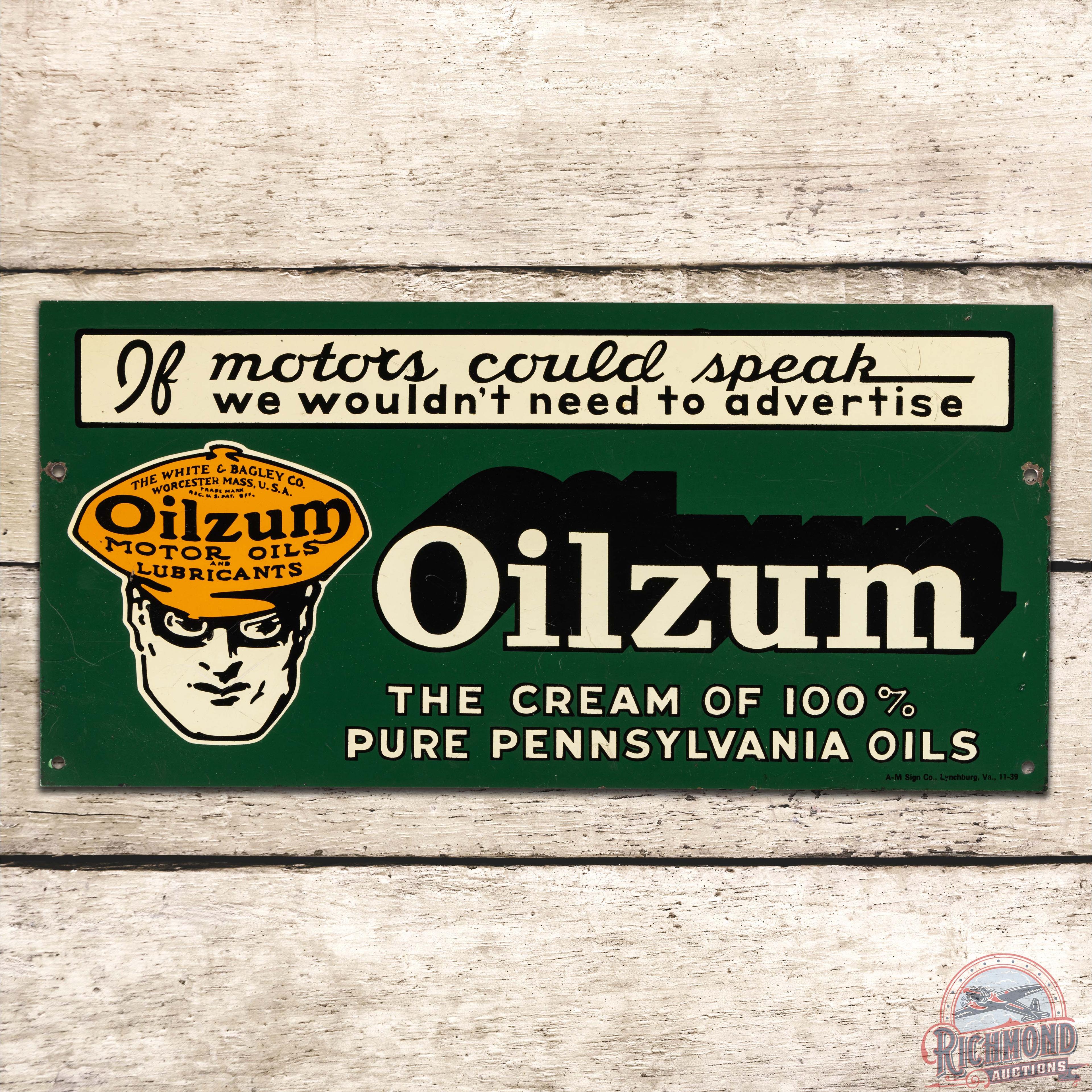 1939 Oilzum "If Motors Could Speak we Wouldn't Need to Advertise" Single Sided Tin Sign w/ Oswald