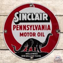 Sinclair Pennsylvania Motor Oil "Mellowed 100 Million Years" 11" Porcelain Sign w/ Black Dino