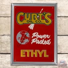 Outstanding Curt's Oil Co Power Packed Ethyl Gasoline Emb Single Sided Tin Pump Plate Sign w/ Rocket
