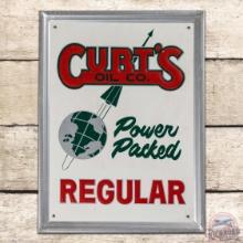 Stunning Curt's Oil Co. Power Packed Regular Gasoline Emb Single Sided Tin Pump Plate Sign w/ Rocket