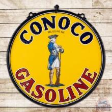 Conoco Gasoline 25.5" Double Sided Porcelain Sign w/ Ring & Minuteman
