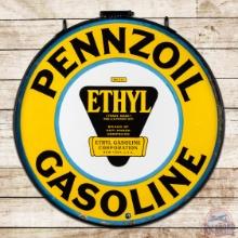 Stunning Pennzoil Ethyl Gasoline 30" Double Sided Porcelain Sign w/ Ring "No Burst"