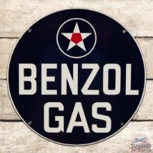 1950 Benzol Gas Single Sided Tin Pump Plate Sign w/ Logo