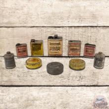 Group of 10 Whiz RM Hollingshead Co. Metal Grease Oil Cans