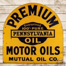 Rare Mutual Oil Co Premium Motor Oils Single Sided Porcelain 48" Tombstone Sign w/ Pennsylvania Logo