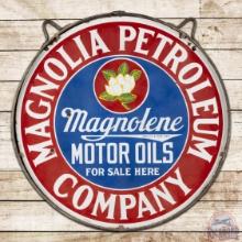 Magnolia Petroleum Company Motor Oils 30" Double Sided Porcelain Sign w/ Ring "Single Flower Logo"