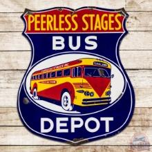 Rare Peerless Stages Depot Double Sided Porcelain Shield Sign w/ Bus