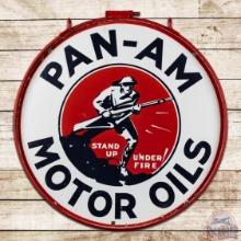 Rare Pan-Am Motor Oils "Stand Up Under Fire!" 30" Double Sided Porcelain Sign w/ Ring & Soldier