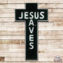 Jesus Saves 7.5' Die Cut Cross Shaped Single Sided Tin Neon