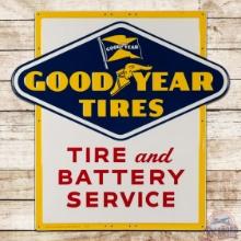 Goodyear Tire and Battery Service Die Cut Emb. Single Sided Tin Sign w/ Logo