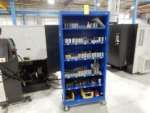 BLUE ROLLING SHELF W/SOFTJAWS, TOOL BLOCKS, ETC.
