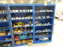 LOT (2) BLUE SHELVES W/HOLD DOWN CLAMPS, SOFT JAWS, ETC.