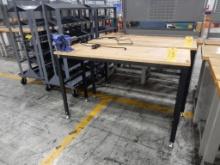 22" X 60" WOOD TOP WORK BENCH W/5" BENCH VISE, POWER STRIP