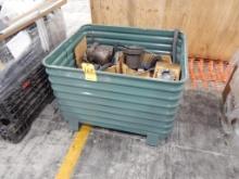 GREEN METAL TUB INCLUDING COLLET SPINDLE NOSES, MISC TOOLING, GEARS, ETC