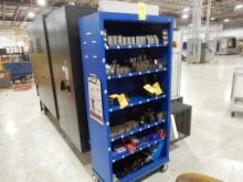BLUE ROLLING SHELF W/MISC. TOOL BLOCKS, SOFT & HARD JAWS, ETC.