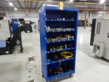 BLUE ROLLING SHELF W/MISC. TOOL BLOCKS, BORING BARS, SOFT JAWS, ETC.